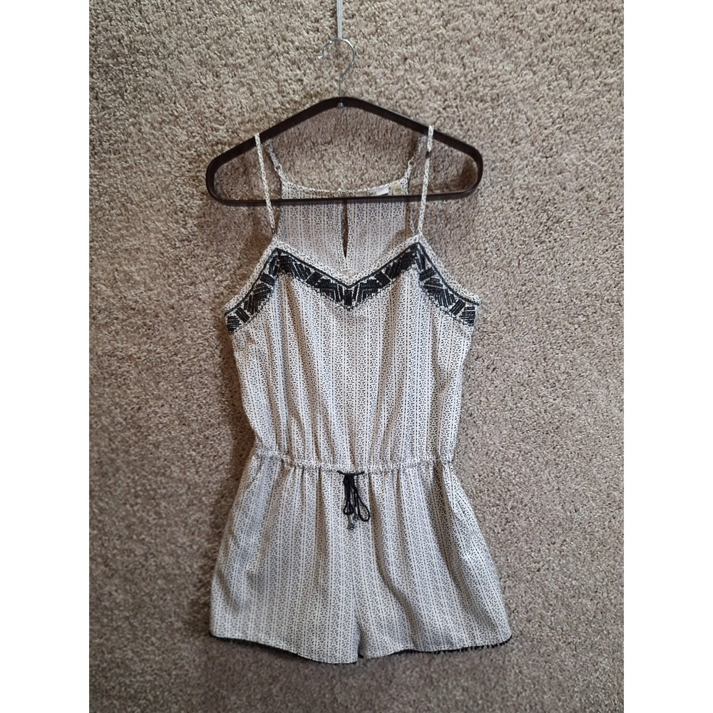 Dex Romper Womens Small White Black Geo Print Lace Hem Beaded Adjustable Waist